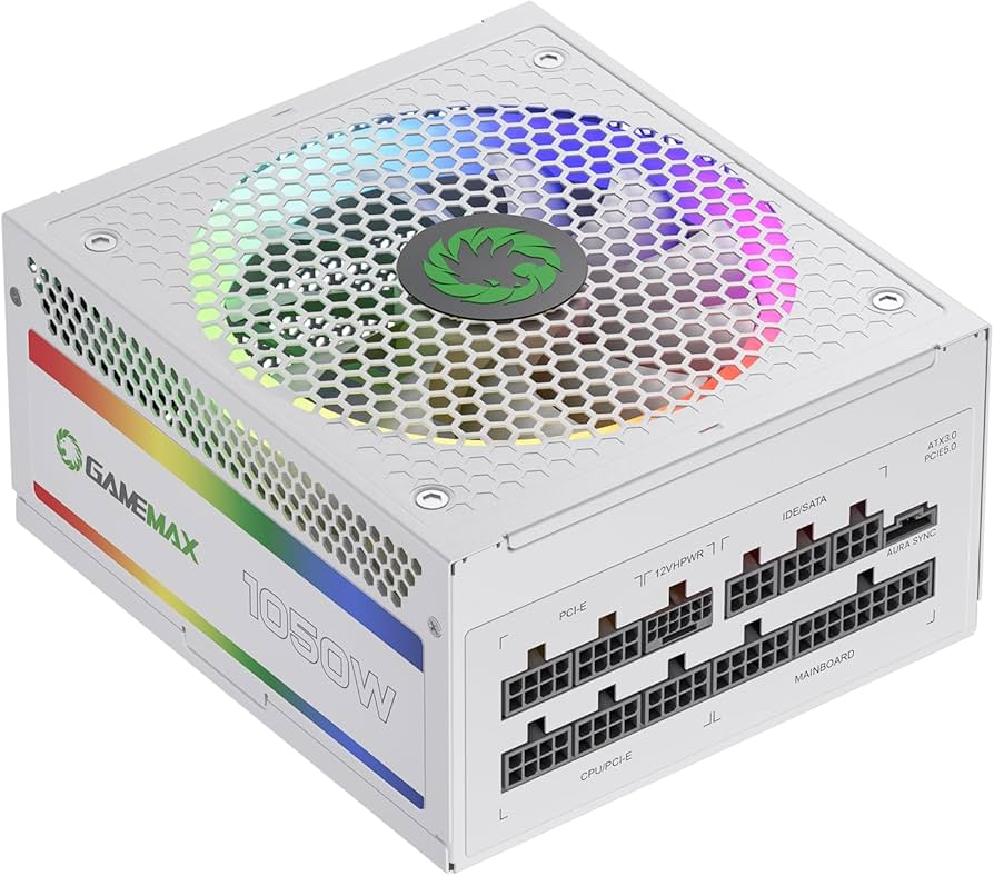 GameMax ARGB 1050W PSU 140mm Fan with ARGB LEDs 80 PLUS Gold Fully Modular - White GameMax ARGB 1050W PSU 140mm Fan with ARGB LEDs 80 PLUS Gold Fully Modular - White